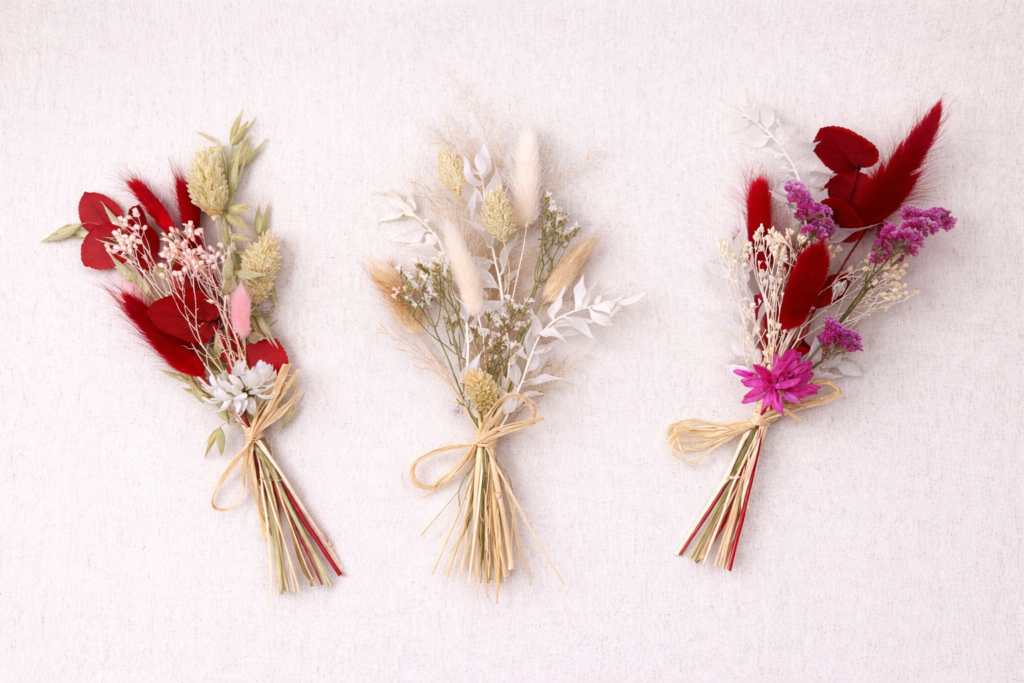 trio de mini bouquet de fleurs séchées -pomme litchi prune