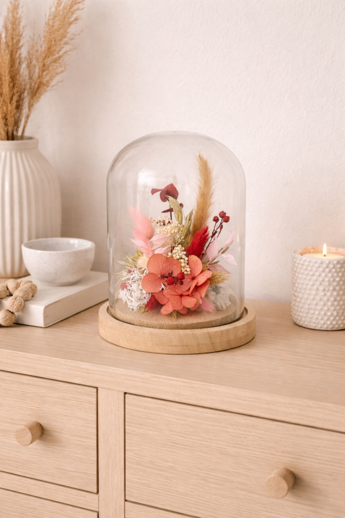 cloche en fleurs séchées velours rose